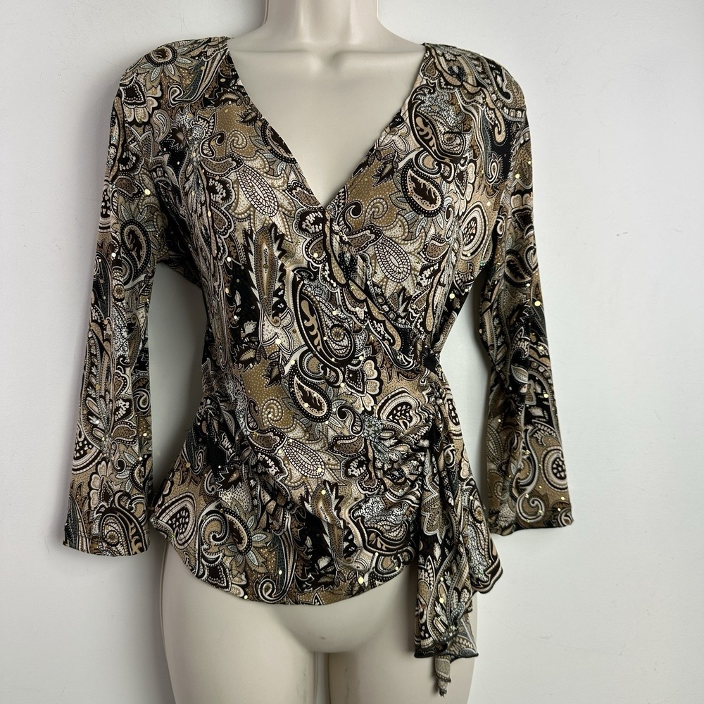 Vintage Brittany Black Top S Petite 3/4 Sleeve Brown Gold Y2k Whimsigoth Artsy